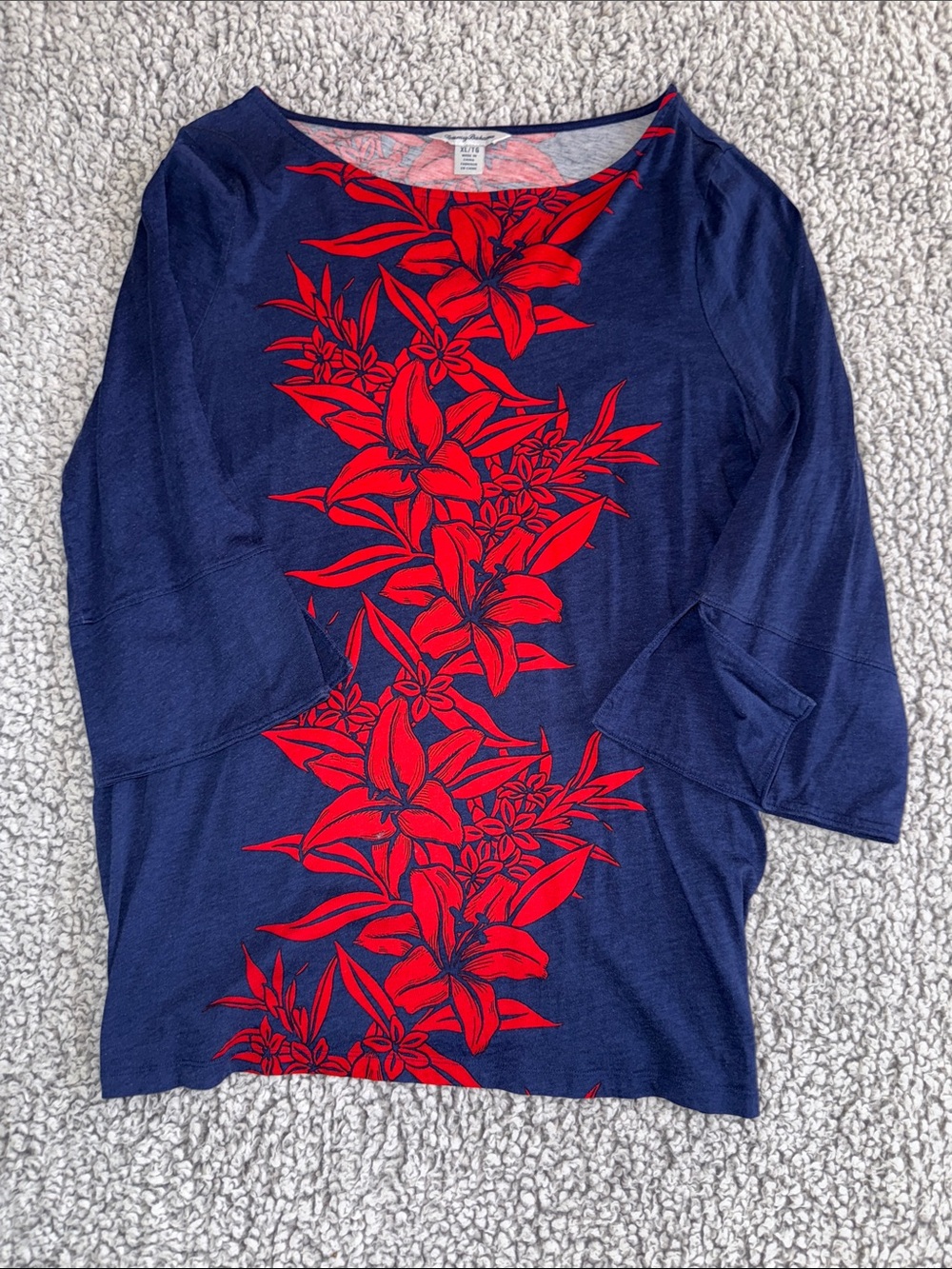Tommy Bahama Navy Tunic with Bold Red Floral Stripe